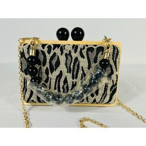 Black Pearl Handle Leopard Print Wooden Clutch Cross Body Chain Kiss Lock